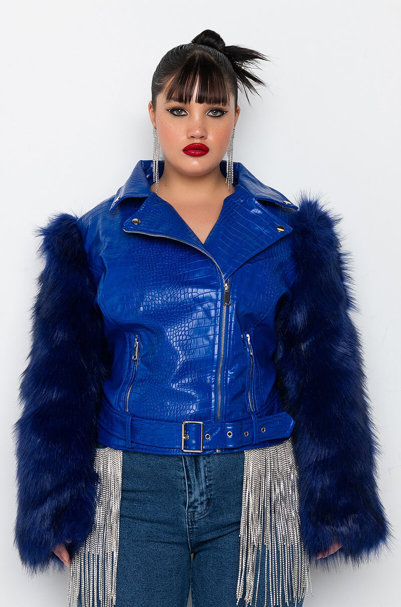 PLUS AZALEA WANG NOLLA FAUX FUR ARMS CROC MOTO JACKET