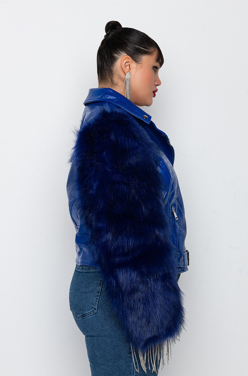 PLUS AZALEA WANG NOLLA FAUX FUR ARMS CROC MOTO JACKET