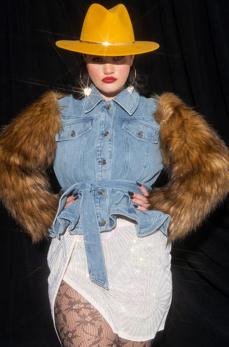 PLUS AZALEA WANG PORTUGAL DENIM FAUX FUR ARM JACKET