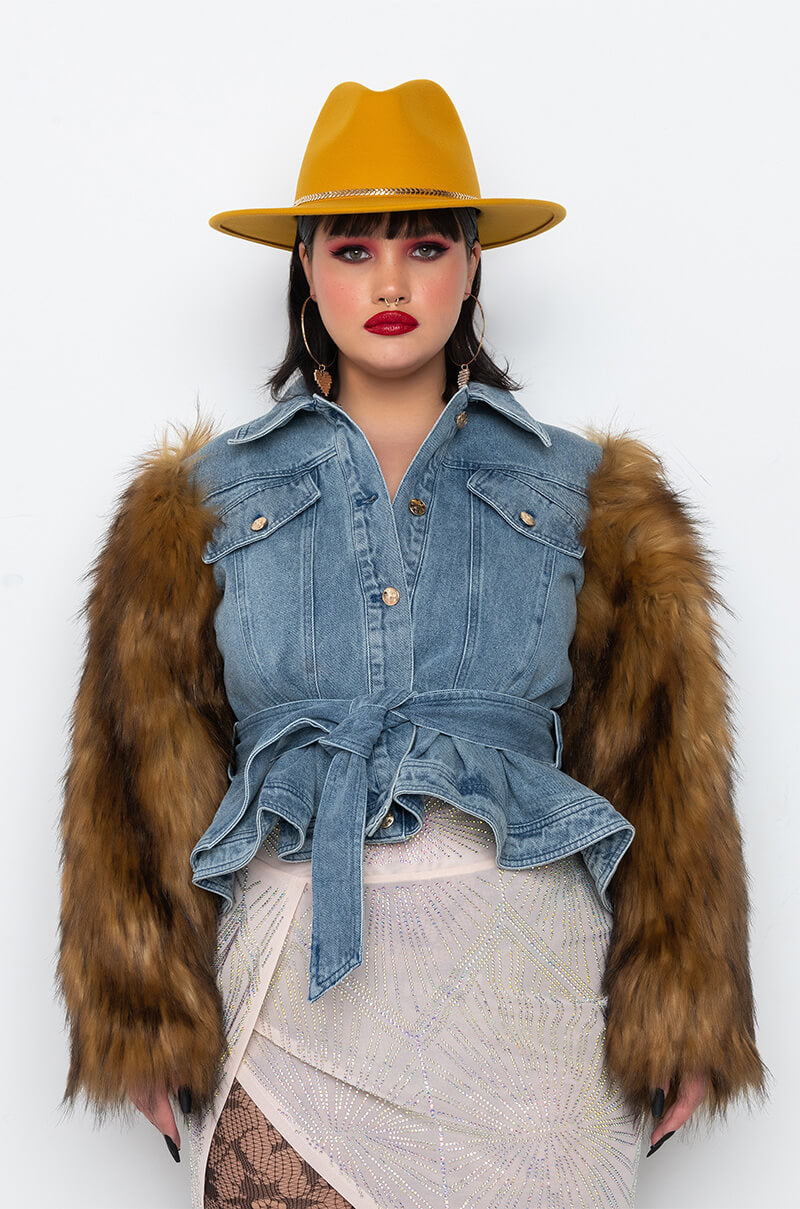 PLUS AZALEA WANG PORTUGAL DENIM FAUX FUR ARM JACKET