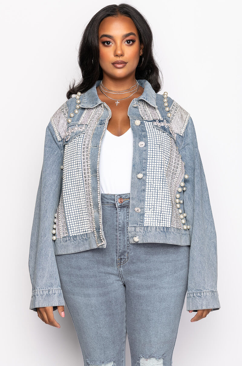 PLUS CARLI ULTRA BEDAZZLE RHINESTONE DENIM JACKET