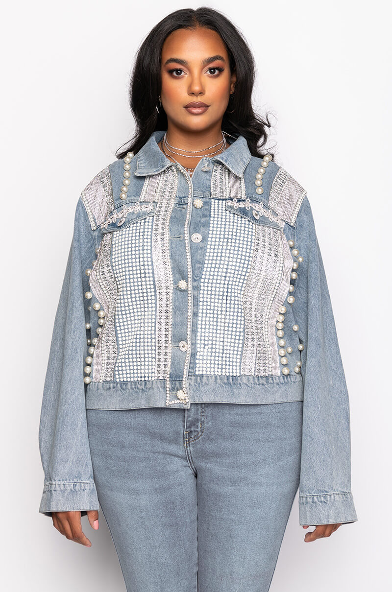 PLUS CARLI ULTRA BEDAZZLE RHINESTONE DENIM JACKET