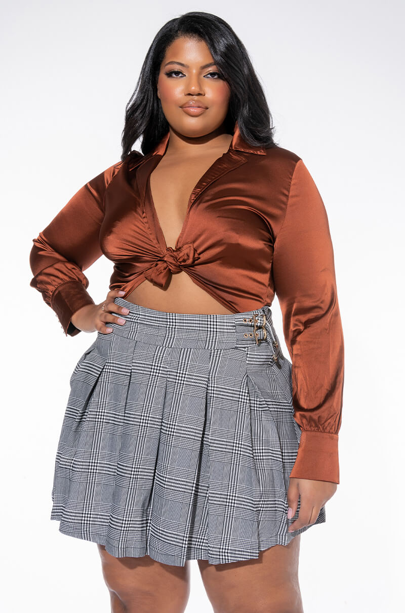 PLUS BETTER BELIEVE IT TIE FRONT SATIN BODYSUIT