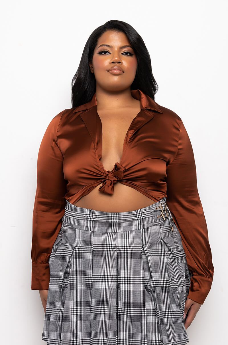PLUS BETTER BELIEVE IT TIE FRONT SATIN BODYSUIT