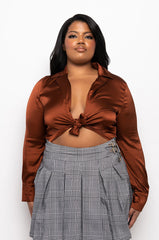 PLUS BETTER BELIEVE IT TIE FRONT SATIN BODYSUIT