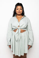 PLUS DON'T GO FIT AND FLARE FRONT TIE MINI DRESS