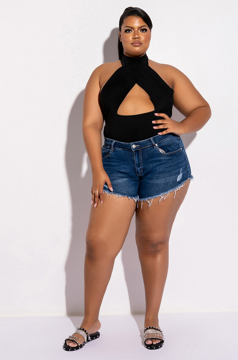 PLUS FLEX-FIT HIGH WAISTED SUPER STRETCHY DENIM SHORTS