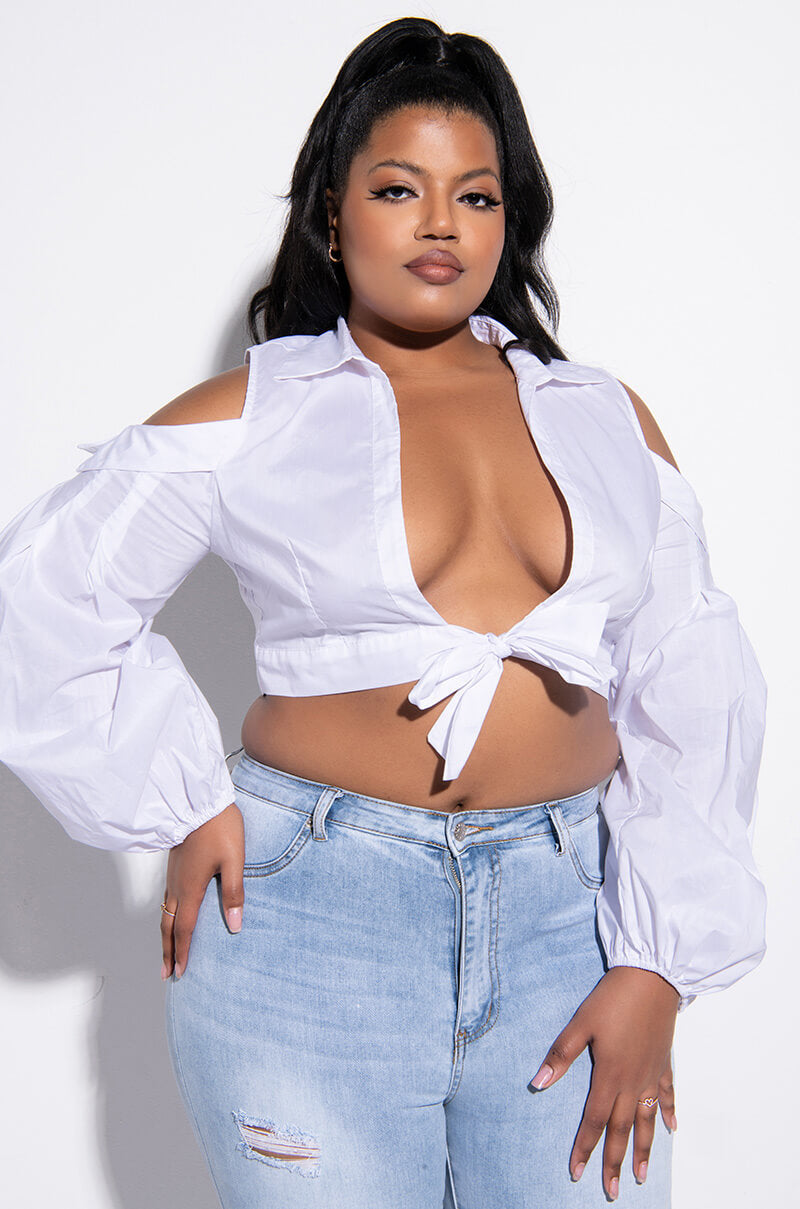 PLUS IM THE BOSS TIE FRONT COLD SHOULDER CROP BLOUSE