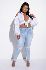 PLUS IM THE BOSS TIE FRONT COLD SHOULDER CROP BLOUSE