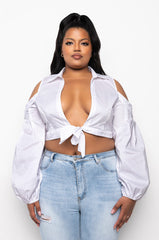 PLUS IM THE BOSS TIE FRONT COLD SHOULDER CROP BLOUSE