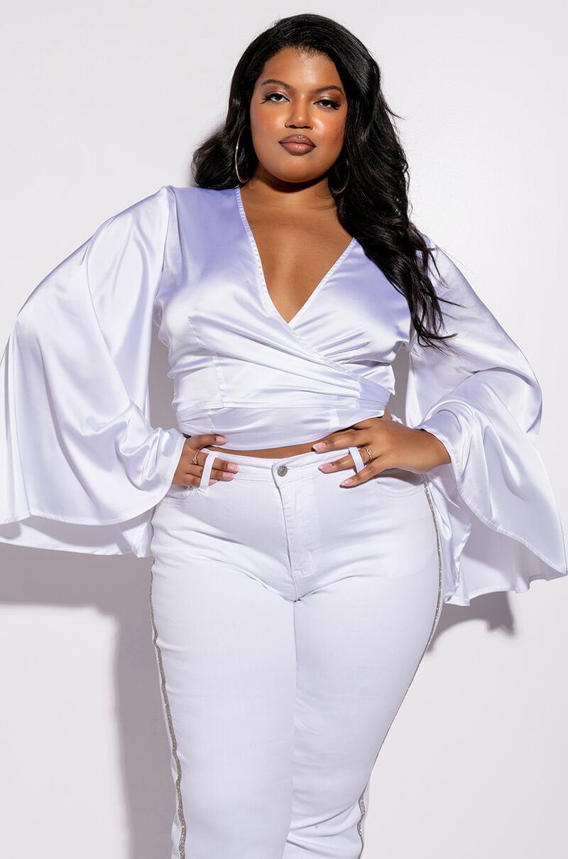 PLUS MAKIN MOVES TIE FRONT BUTTERFLY SLEEVE CROP SATIN BLOUSE