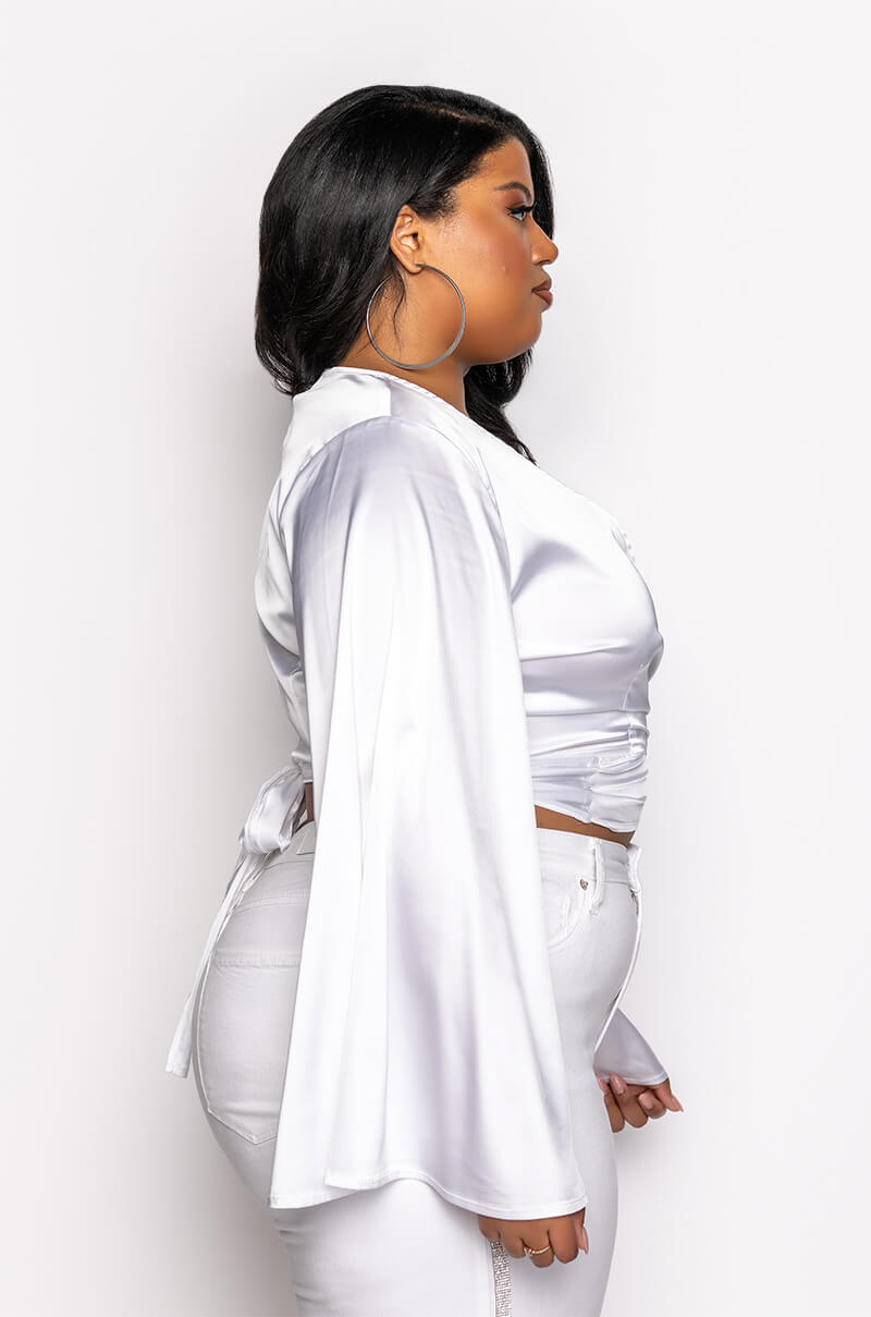 PLUS MAKIN MOVES TIE FRONT BUTTERFLY SLEEVE CROP SATIN BLOUSE
