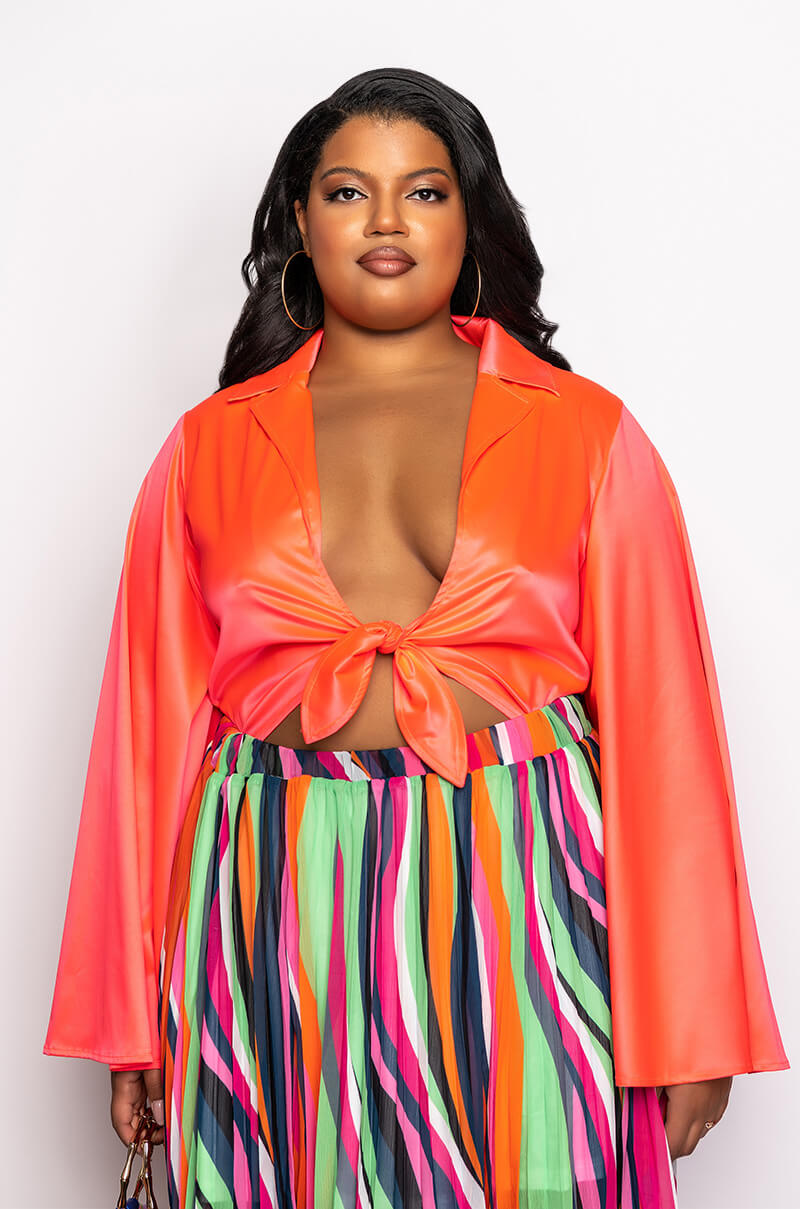 PLUS MARIPOSA TIE FRONT BUTTERFLY SLEEVE SATIN BODYSUIT