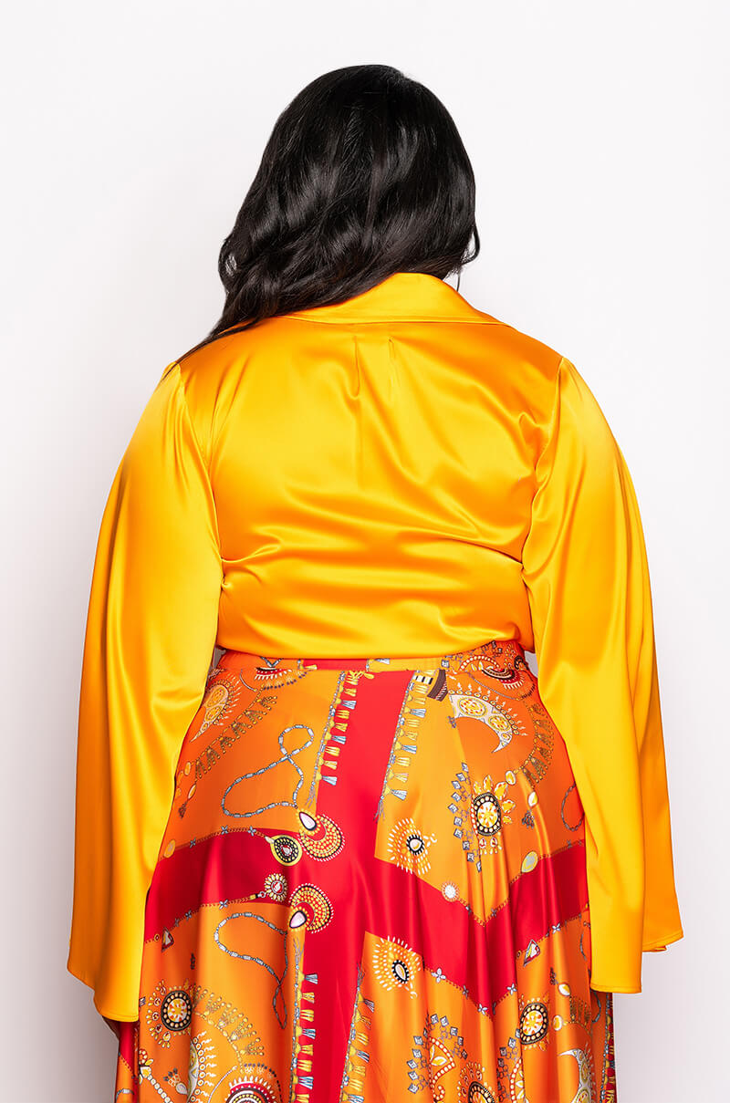 PLUS MARIPOSA TIE FRONT BUTTERFLY SLEEVE SATIN BODYSUIT