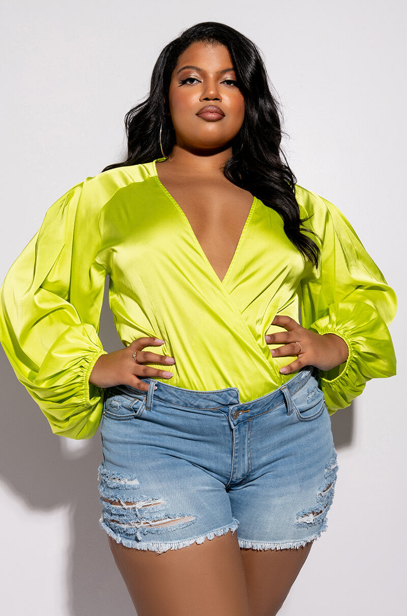 PLUS NO PICTURES PLEASE WRAP FRONT LONG SLEEVE SATIN BODYSUIT