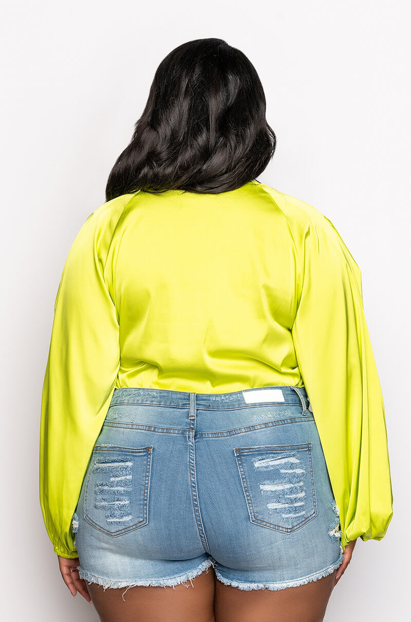 PLUS NO PICTURES PLEASE WRAP FRONT LONG SLEEVE SATIN BODYSUIT