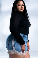 PLUS RUNWAY HIGH WAISTED STRETCHY RHINESTONE JEANS SHORTS
