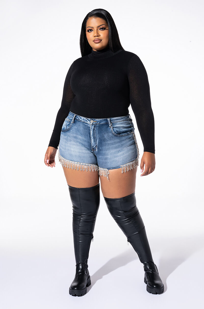 PLUS RUNWAY HIGH WAISTED STRETCHY RHINESTONE JEANS SHORTS