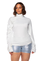 NADIA PLUS ORGANZA LONG SLEEVE SCALE TOP IN WHITE
