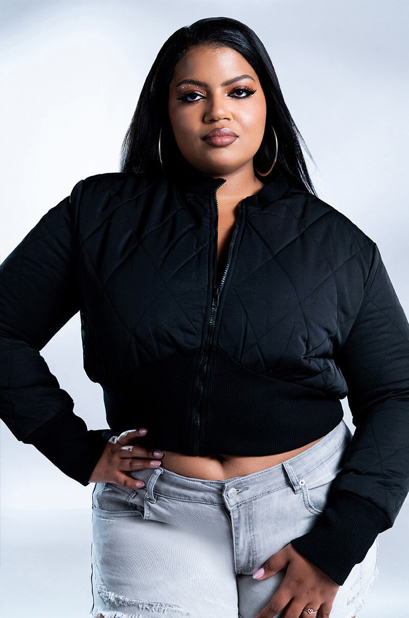 PLUS FITTED QUILTED BOMBER JACKET WITH RIB BODICE