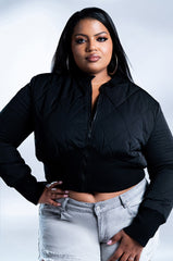 PLUS FITTED QUILTED BOMBER JACKET WITH RIB BODICE