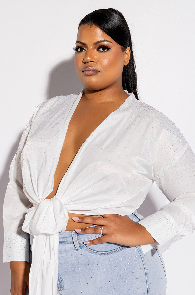 PLUS THE ULTIMATE RHINENSTONE TIE FRONT BLOUSE