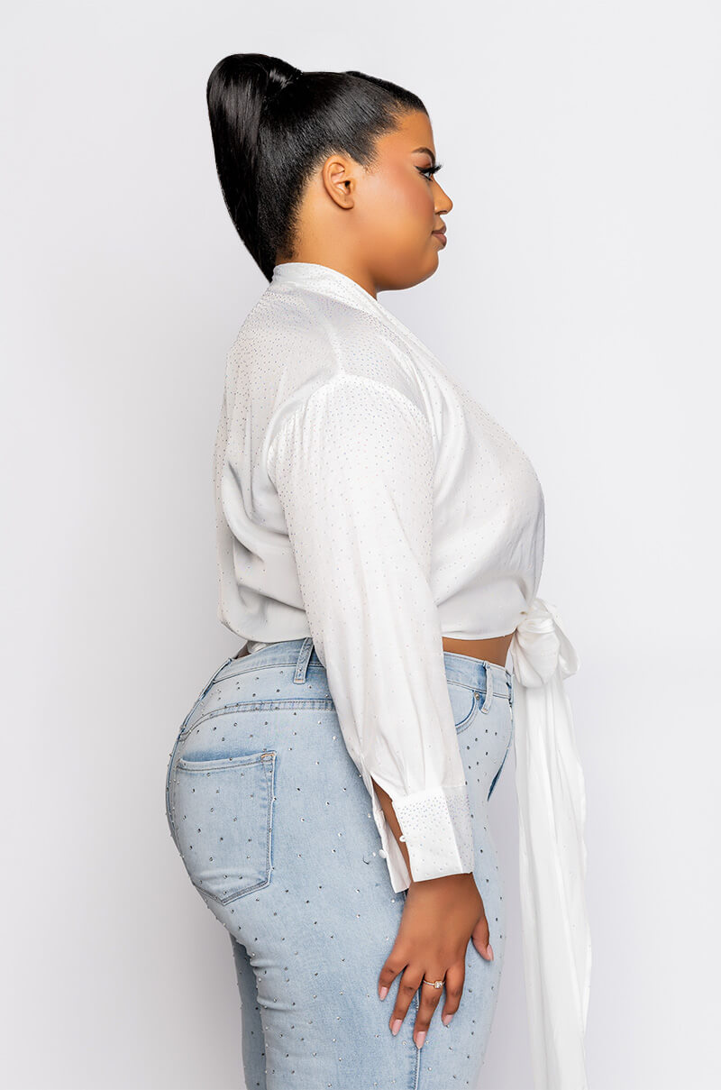 PLUS THE ULTIMATE RHINENSTONE TIE FRONT BLOUSE