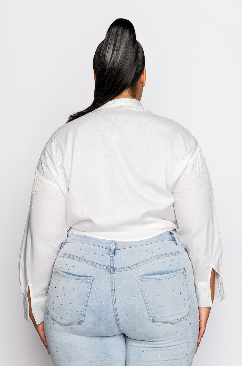 PLUS THE ULTIMATE RHINENSTONE TIE FRONT BLOUSE