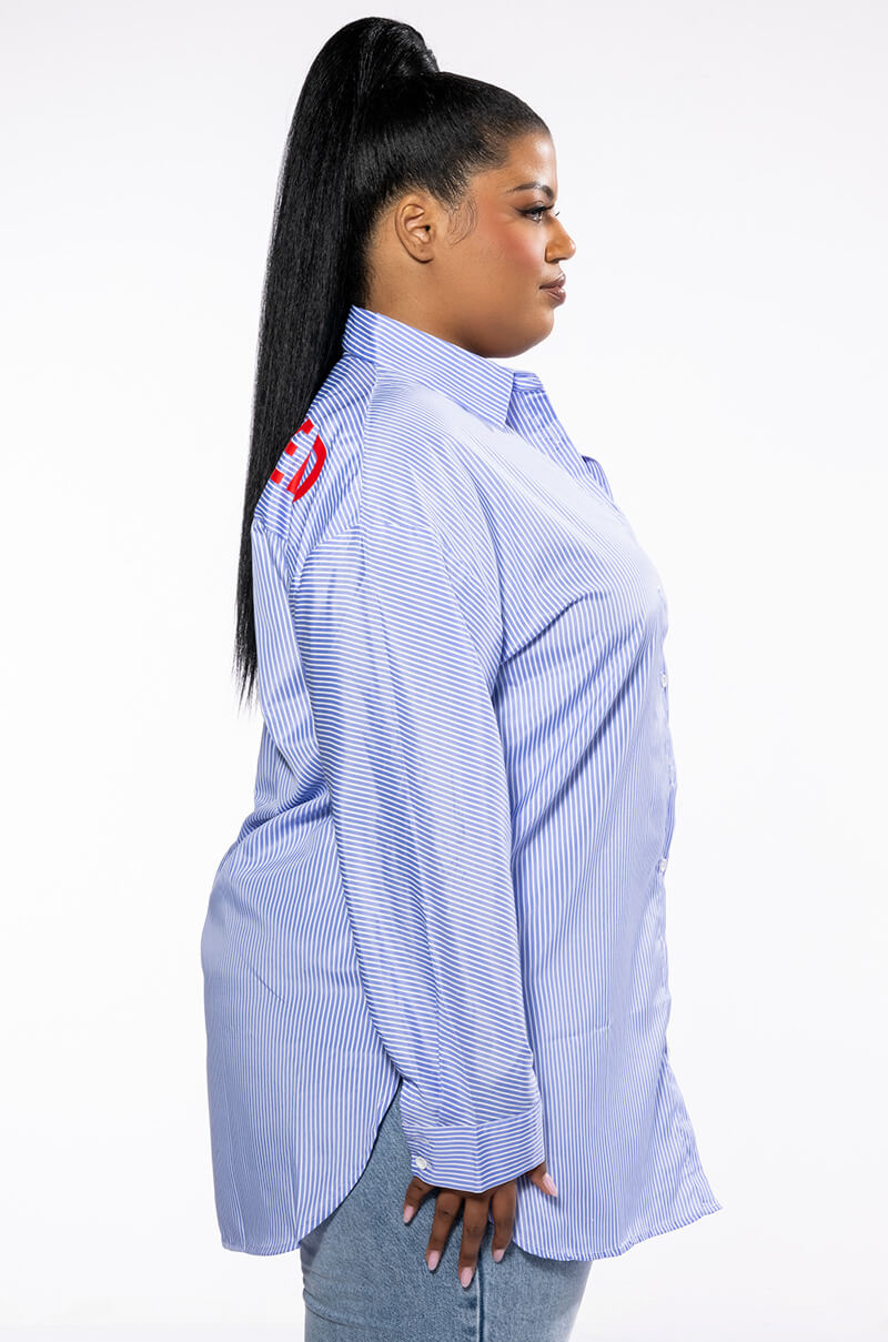 PLUS UNBOTHERED POPLIN BUTTON DOWN BLOUSE