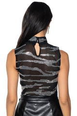 POP STAR ZEBRA RHINESTONE SLEEVELESS MESH TEE