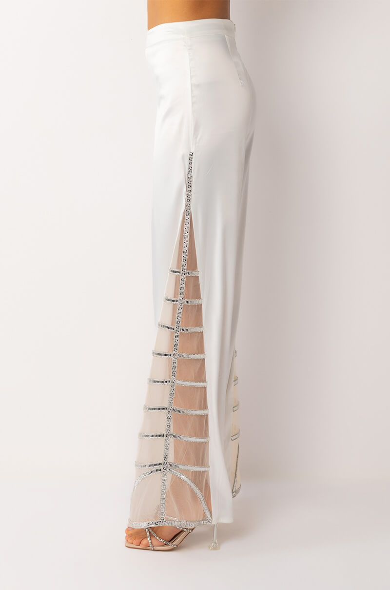 PREMIER RHINESTONE MESH PANEL SATIN WIDE LEG PANT