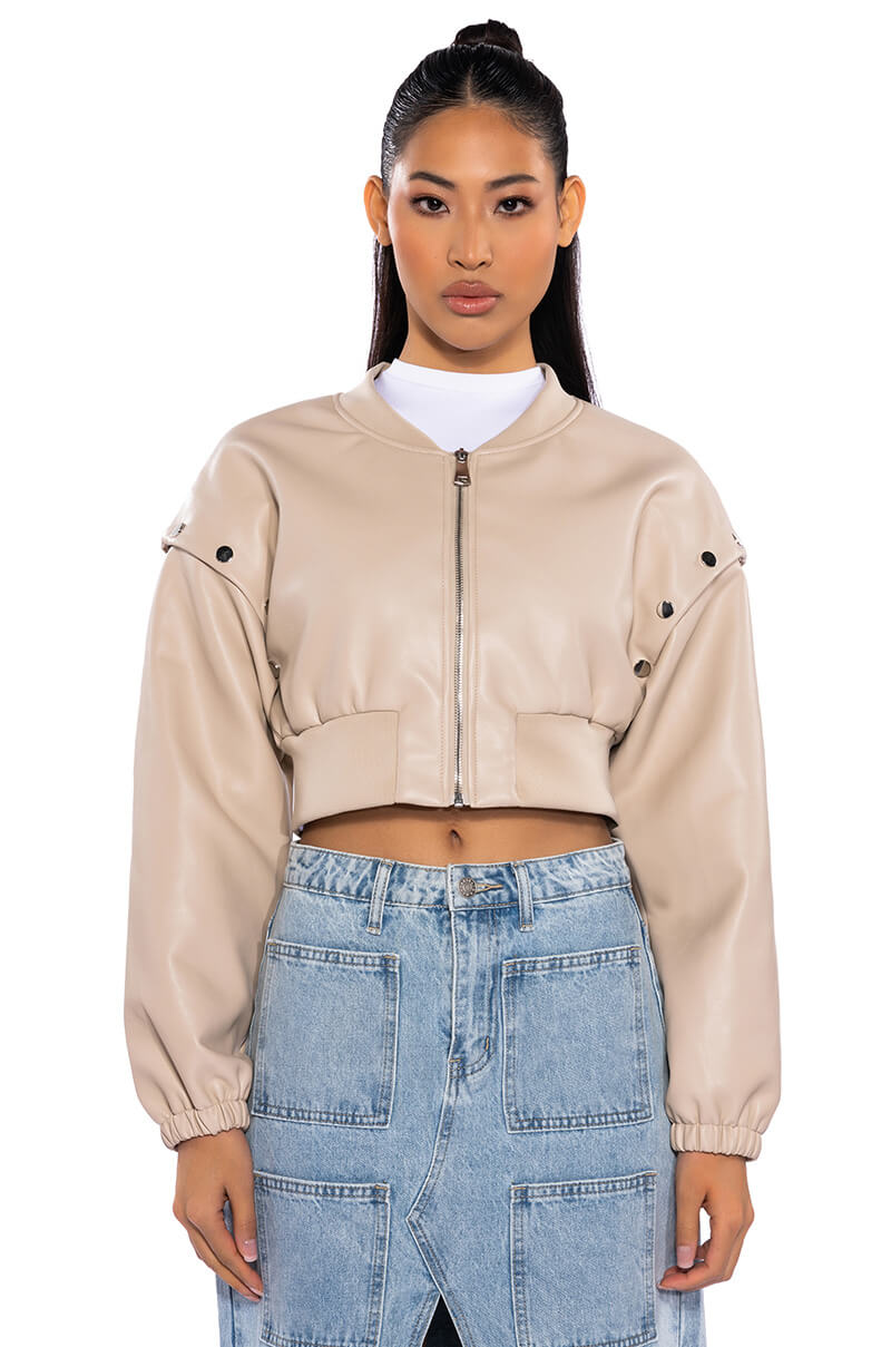 PRESS MY BUTTONS FAUX LEATHER BOMBER