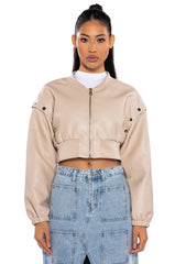 PRESS MY BUTTONS FAUX LEATHER BOMBER