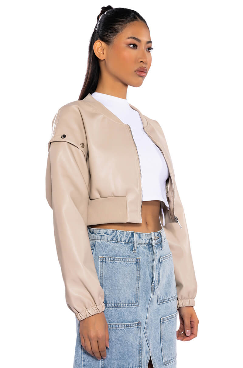 PRESS MY BUTTONS FAUX LEATHER BOMBER