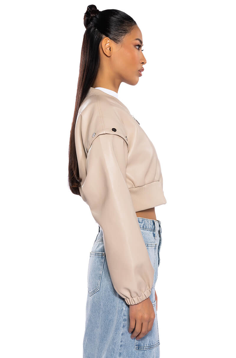 PRESS MY BUTTONS FAUX LEATHER BOMBER