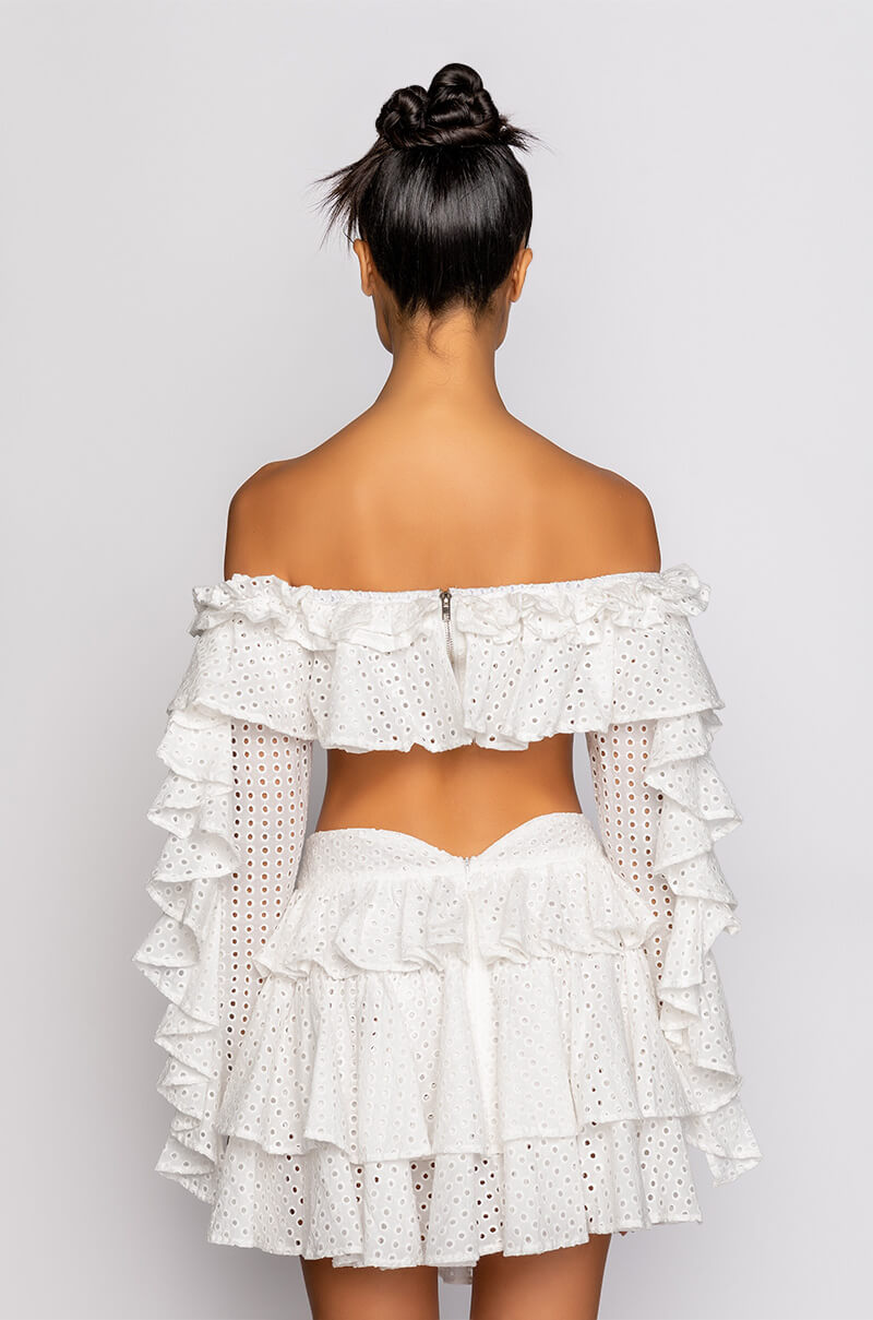 PRETTY LIL THANG EYELET OFF THE SHOULDER BLOUSE