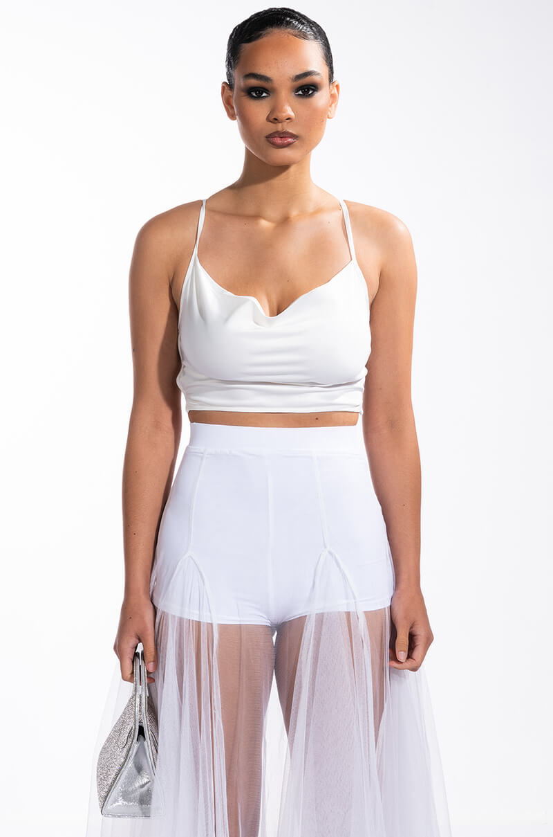 PROTECT MY PEACE CROPPED SATIN COWL NECK TANK WITH APPLIQUE