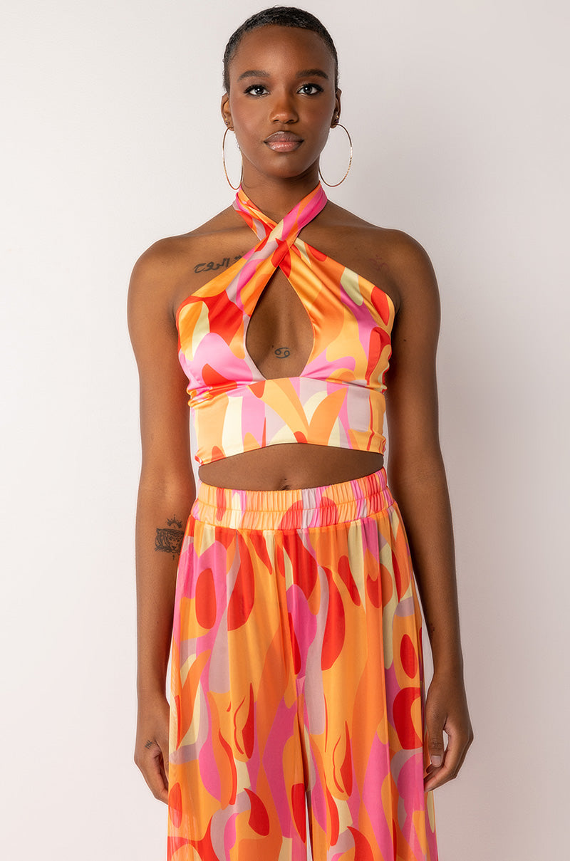 PSYCHEDELIC SATIN HALTER CROP TOP