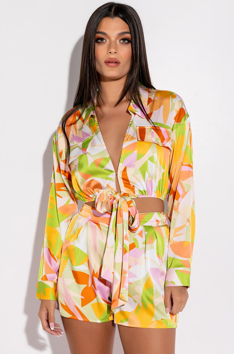 LEIA TIE FRONT SATIN CROPPED BLOUSE