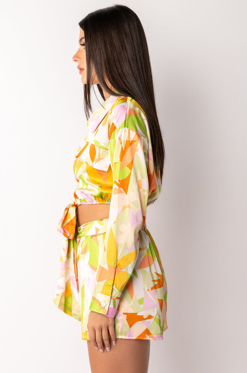 LEIA TIE FRONT SATIN CROPPED BLOUSE