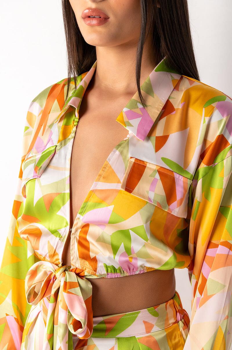 LEIA TIE FRONT SATIN CROPPED BLOUSE