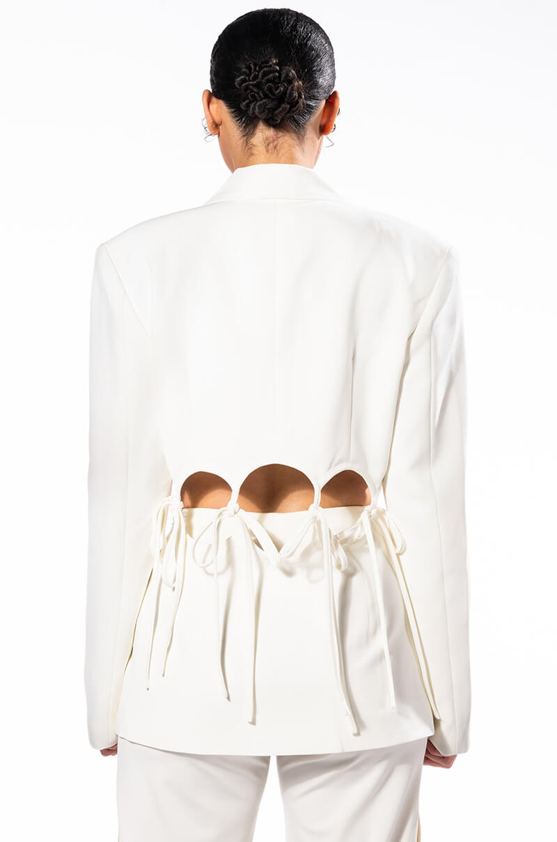 PUT ON A HAPPY FACE WHITE CUT OUT BLAZER