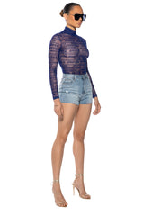 QUEEN OF EVERYTHING FLOCKED LONG SLEEVE MESH BODYSUIT