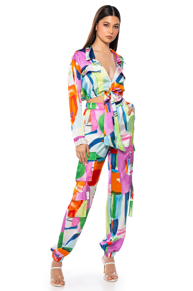 QUINN ABSTRACT PRINTED SATIN TIE FRONT BLOUSE