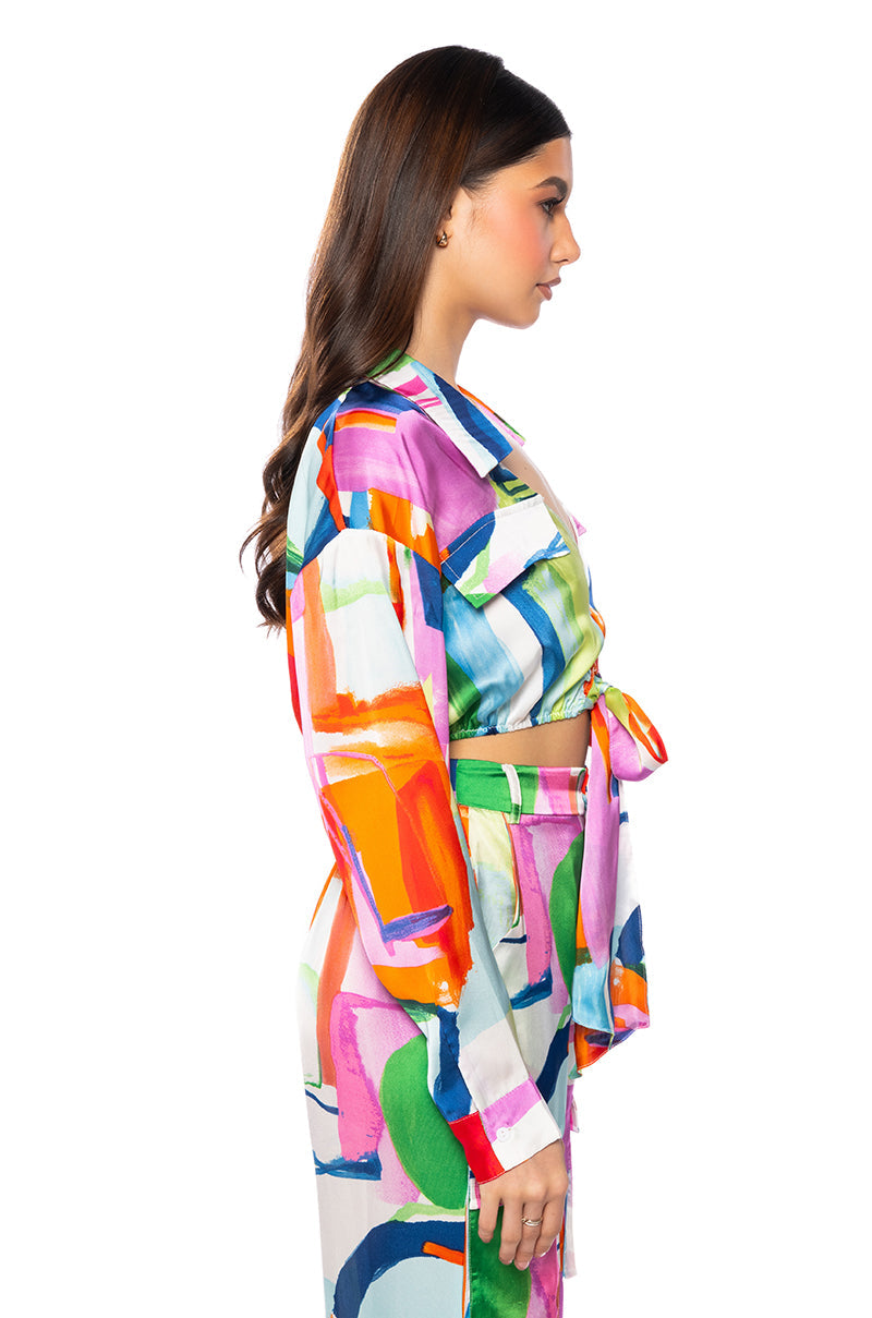 QUINN ABSTRACT PRINTED SATIN TIE FRONT BLOUSE