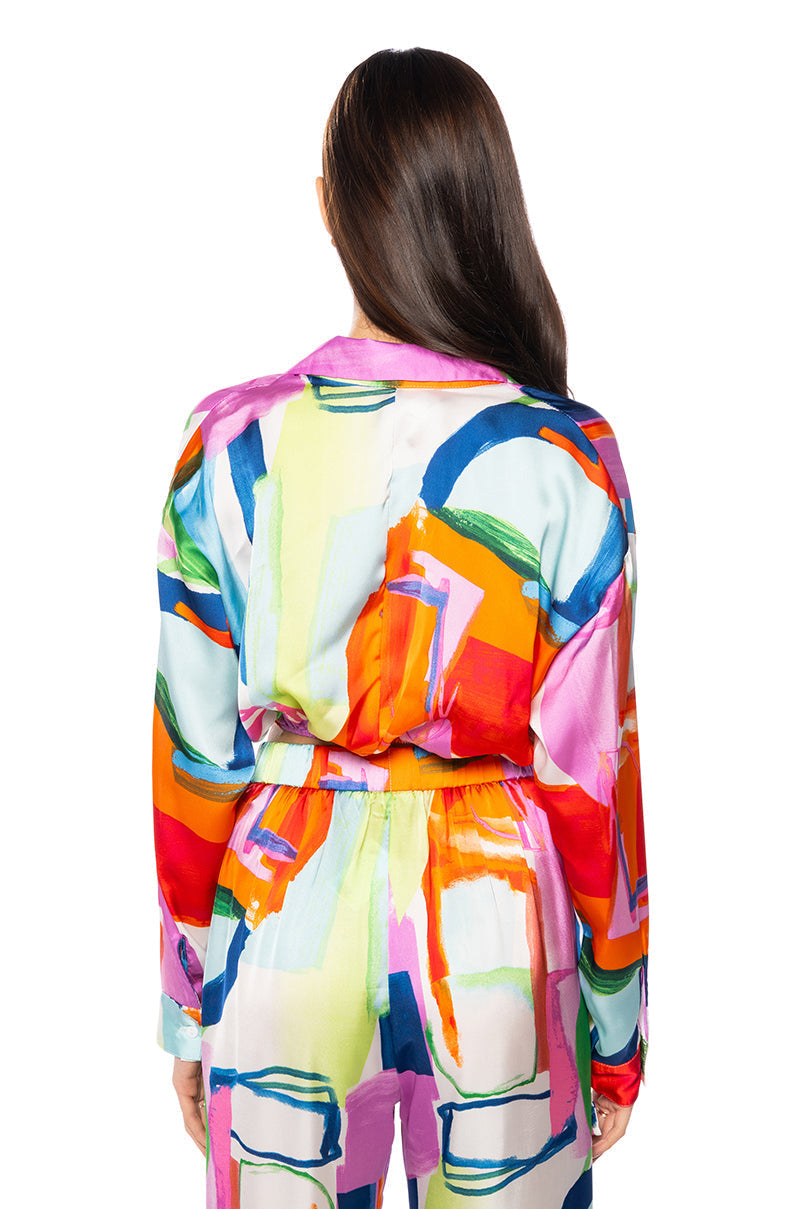 QUINN ABSTRACT PRINTED SATIN TIE FRONT BLOUSE