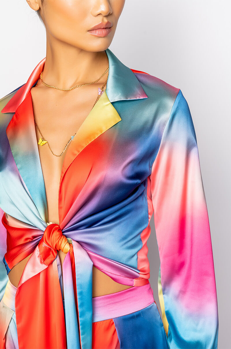 INDIGO COLLARED SATIN TIE FRONT BLOUSE