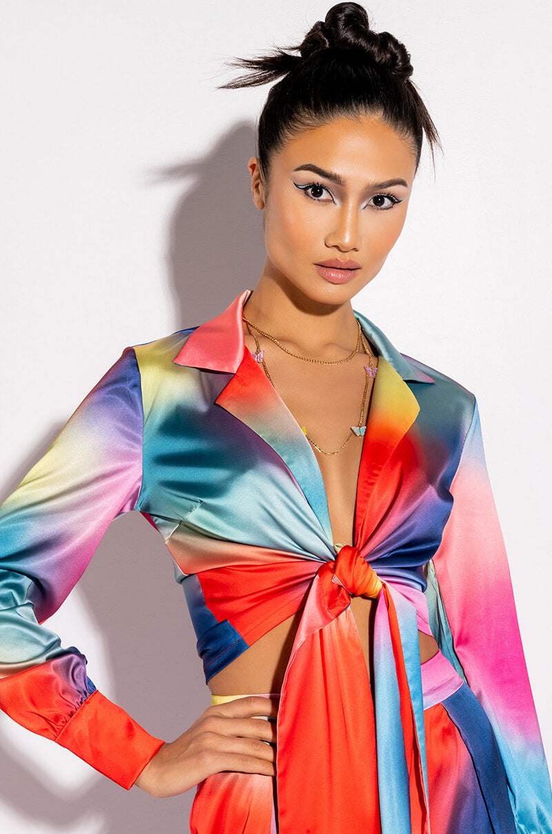 INDIGO COLLARED SATIN TIE FRONT BLOUSE