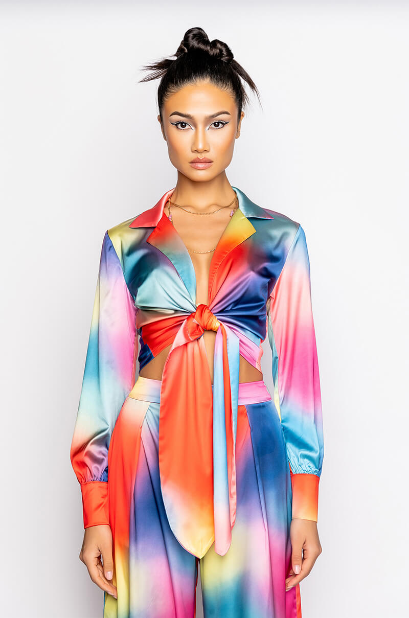 INDIGO COLLARED SATIN TIE FRONT BLOUSE