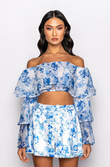 RAISE A GLASS RUFFLE SLEEVE CROPPED OFF THE SHOULDER BLOUSE